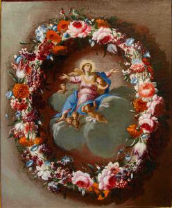 Carel de Vogelaer (1653-1695) war ein römischer Maler der zweiten Hälfte des 17. Jahrhunderts, Blumenkranz mit der Himmelfahrt Mariens und Engeln